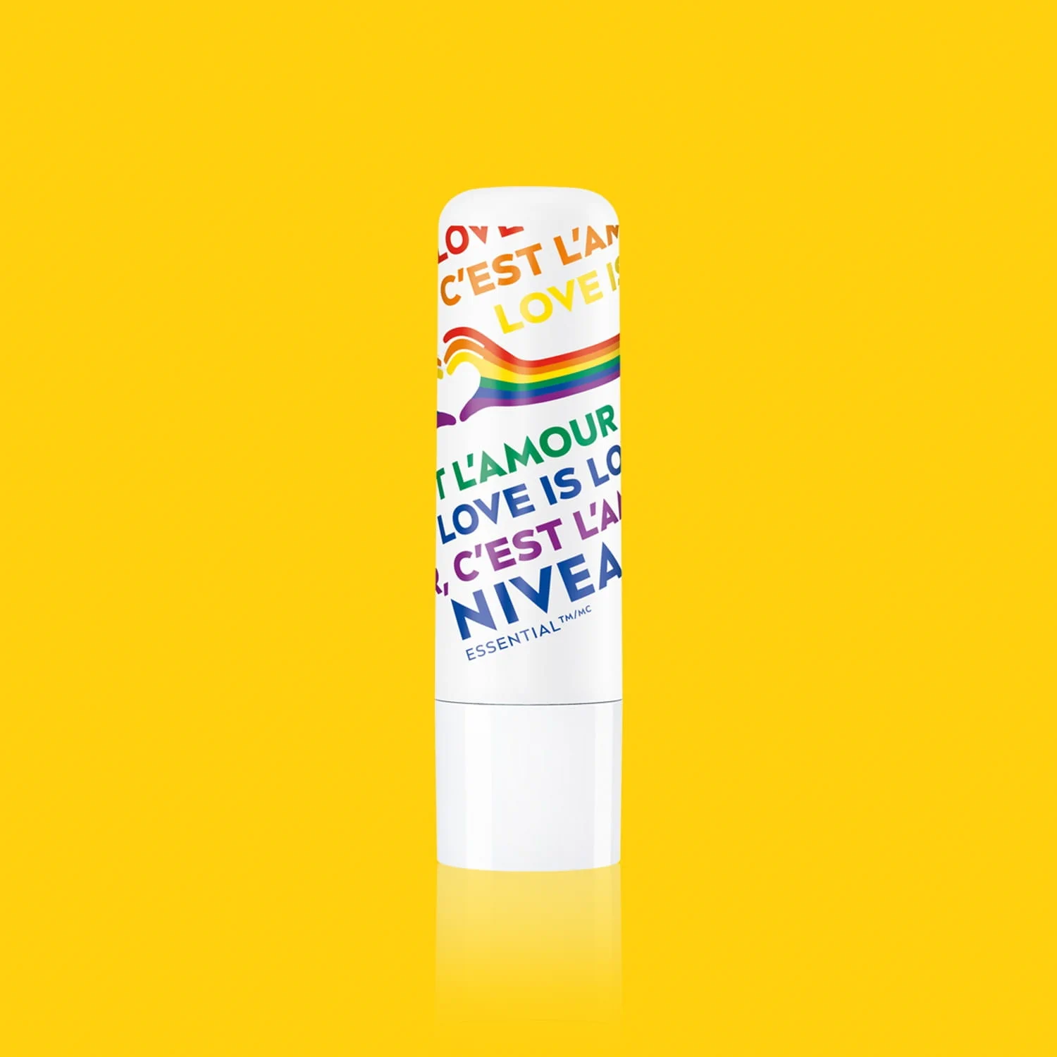 Limited edition NIVEA Pride Essential Lip Balm with rainbow design, supporting 2SLGBTQIA+ pride in the “Be Proud in Your Skin” campaign.